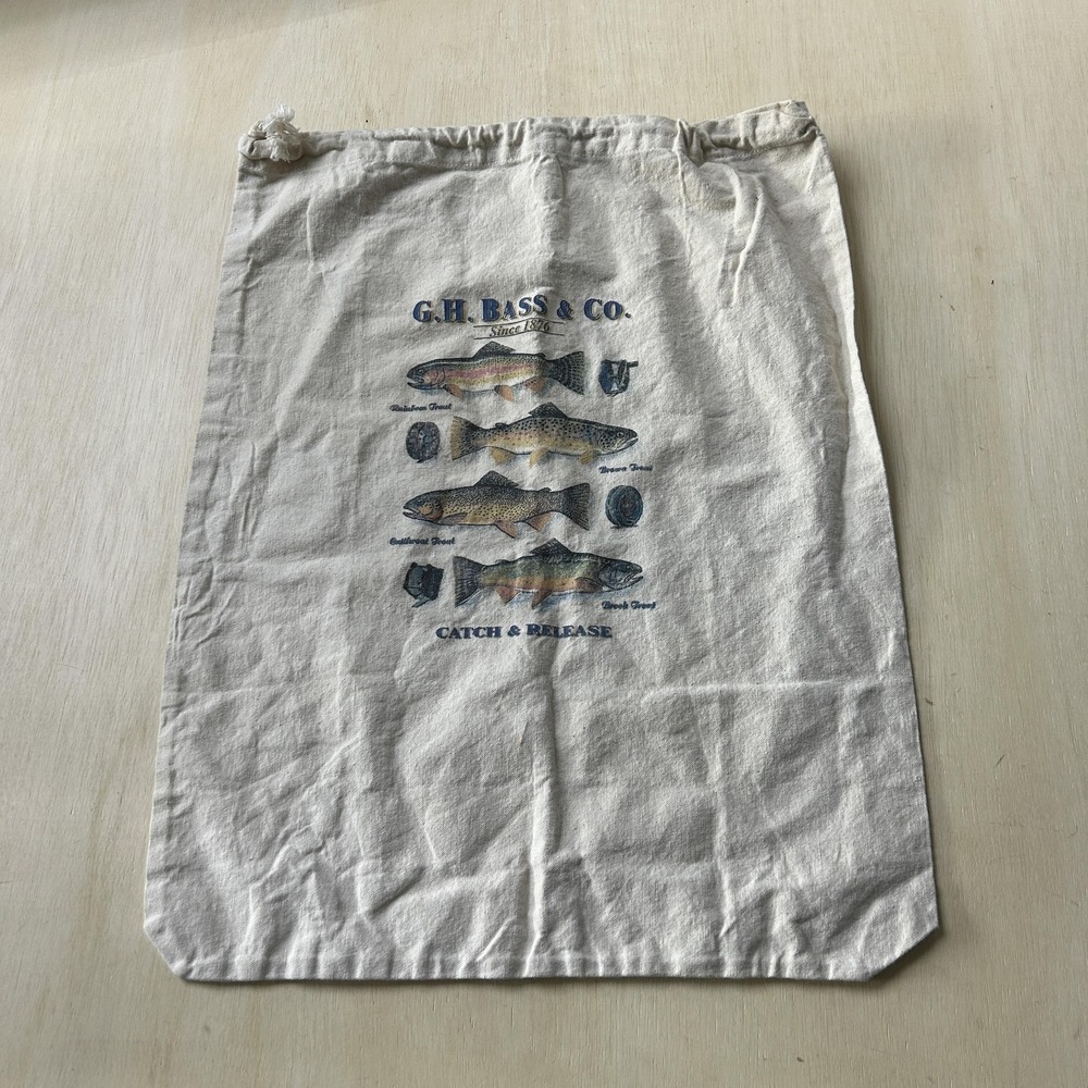 Vintage G.H. Bass & Co. Natural Canvas Drawstring Bag Catch & Release Trout